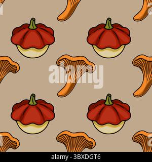 Motif vectoriel sans couture avec un design automnal fantaisiste avec des citrouilles rouges vibrantes et des champignons chanterelles orange vif sur un dos taupe muet Illustration de Vecteur