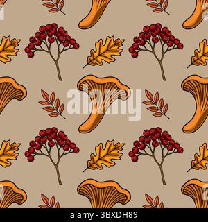 Motif vectoriel sans couture avec des champignons chanterelles dessinés à la main, des baies de rowan et des feuilles d'automne dans des tons chauds orange et rouge contre un beig muet Illustration de Vecteur