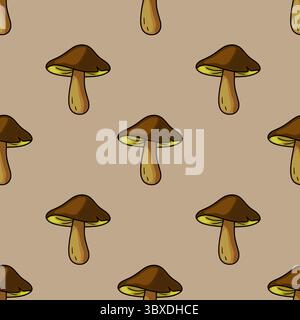 Motif vectoriel sans couture de champignons bruns stylisés avec des branchies jaunâtres sur un fond taupe, créant un charmant design automnal. Illustration de Vecteur