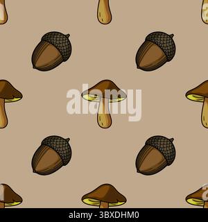 Motif vectoriel sans couture avec glands dessinés à la main et champignons dans des tons bruns terreux, créant un design automnal rustique idéal pour les proje sur le thème de l'automne Illustration de Vecteur