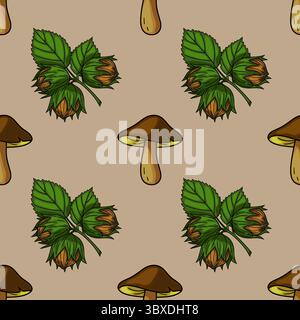 Modèle vectoriel sans couture avec des illustrations dessinées à la main de noisettes avec des feuilles vertes et des champignons bruns sur un fond beige, créant un rustique Illustration de Vecteur