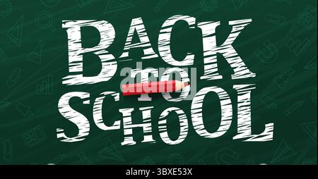Design de modèle vectoriel de texte de retour à l'école. Salut de retour à l'école dans un tableau de craie verte. Illustration vectorielle. Illustration de Vecteur