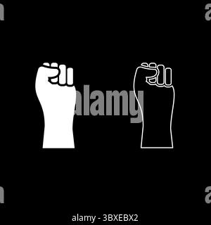 Signe de symbole masculin anti féminisme poing élevé Set icône blanche illustration vectorielle image simple plein plein contour ligne de contour mince style plat Illustration de Vecteur