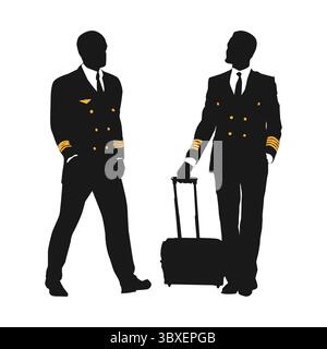 Pilote d'aviation en posture debout plein corps silhouette noire illustration vol 04 Illustration de Vecteur