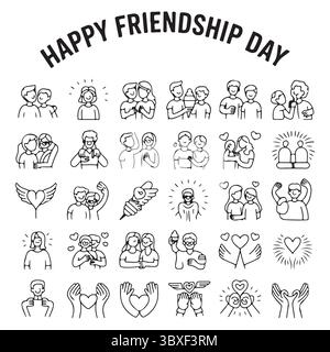 Amis joyeux partageant une crème glacée sucrée entourée de cœurs colorés célébrant l'amitié et le bonheur Illustration de Vecteur