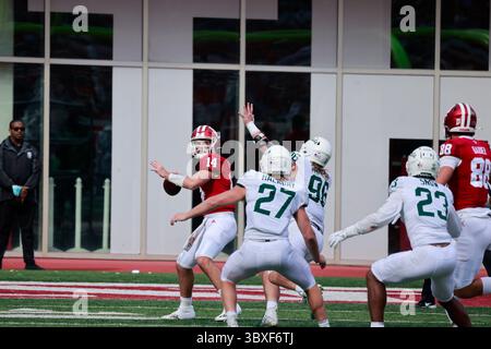 16 octobre 2021, Bloomington, Indiana, États-Unis : Jack Tuttle (14 ans), quarterback de l'Université de l'Indiana, lance une passe contre Michigan State lors d'un match de football NCAA au Memorial Stadium de Bloomington. (Crédit image : © Jeremy Hogan/SOPA images via ZUMA Press Wire) Banque D'Images
