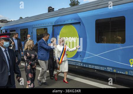 Sibiu City, Roumanie - 18 septembre 2021. Correspondance du train Europe Express dans la gare de Sibiu, Transylvanie Reion, Roumanie Banque D'Images