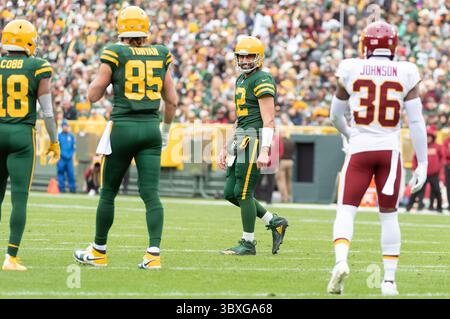 24 octobre 2021 : le quarterback Aaron Rodgers #12 sourit des Green Bay Packers pendant le match de football de la NFL entre l'équipe de football de Washington et les Green Bay Packers au lambeau Field à Green Bay, Wisconsin.(crédit image : &copy ; Kirsten Schmitt/CSM via ZUMA Wire) Banque D'Images