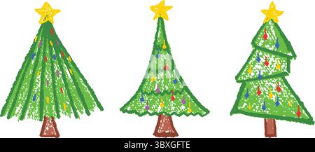 Décoré de sapins de Noël dessinés comme des enfants. Illustration vectorielle pour une utilisation à l'école ou à la maternelle. La cire pastel verte coule des coups sur un Illustration de Vecteur