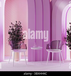 Chambre rose avec néon light et arches avec plante en pot, chaises design avec table basse avec verres avec eau, rendu 3D. Banque D'Images