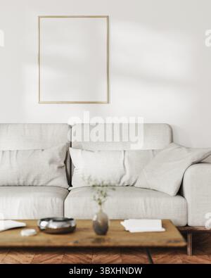 Maquette de cadre sur le mur blanc avec la lumière du soleil dans l'intérieur du salon avec canapé gris et table basse avec décor, rendu 3D. Banque D'Images