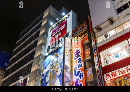 Tokyo, Japon - 6 août 2024 : des lumières vives et des panneaux d'affichage animés illuminent le quartier animé d'Akihabara, un centre de la culture otaku à Tokyo Banque D'Images