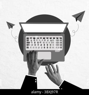 Collage créatif d'éléments de conception en demi-teintes avec un ordinateur portable et des avions en papier dans un espace de travail minimaliste Banque D'Images