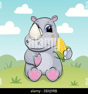 Mignon dessin animé Baby Rhinoceros avec un maïs dans la nature. Illustration vectorielle d'été de l'animal sur fond vert. Illustration de Vecteur
