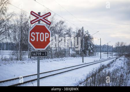 PANNEAU STOP, à un passage à niveau, dans un paysage enneigé d'hiver Banque D'Images