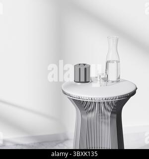 Gros plan d'une table à café moderne avec verre à eau et carafe, bougie parfumée, arrière-plan intérieur moderne, rendu 3d Banque D'Images
