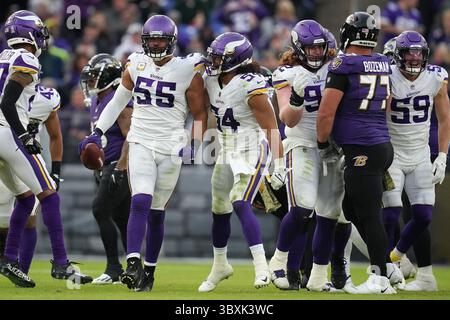 7 novembre 2021, Baltimore, MD, États-Unis : le linebacker extérieur des Vikings du Minnesota Anthony Barr (55) célèbre après avoir fait une interception contre les Ravens de Baltimore en prolongation dimanche 7 novembre 2021 au M&T Bank Stadium à Baltimore, Md. (crédit image : © Anthony souffle/TNS via ZUMA Press Wire/TNS via ZUMA Press Wire) Banque D'Images