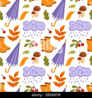 Cette charmante conception est inspirée de l'automne, avec de délicieux parapluies, des feuilles colorées et des bottes de pluie amusantes Illustration de Vecteur