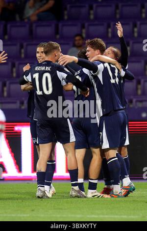 Vienne, Autriche. 18 juillet 2025. VIENNE, AUTRICHE - 18 JUILLET : jubilation par Michael Cuisance de Hertha BSC Berlin et de l'équipe lors du match amical de pré-saison entre le FK Austria Wien et Hertha BSC Berlin au Generali Arena le 18 juillet 2025 à Vienne, Autriche.250718 SEPA 29 040 - 20250718 PD9343 crédit : APA-PictureDesk/Alamy Live News Banque D'Images