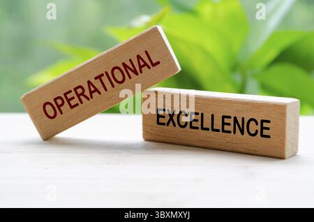 Texte Excellence opérationnelle sur blocs de bois. Concept d'amélioration continue Banque D'Images