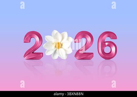 Carte de voeux joyeux Noël et nouvel an 2026. Numéros roses 2026 nouvel an et fleur de dahlia blanc sur fond dégradé bleu rose. Banque D'Images
