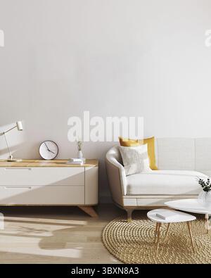 Décor intérieur de salon moderne. Mockup, salon avec mur blanc et mobilier moderne minimaliste. Style scandinave, salon élégant Banque D'Images