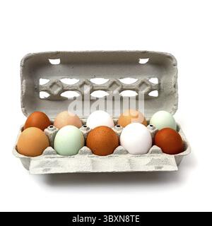 Dix œufs de poule colorés dans une boîte en carton, isolés sur blanc Banque D'Images