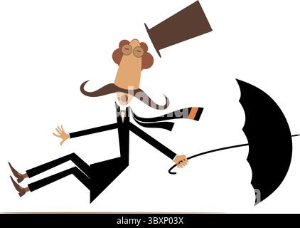 Homme de dessin animé, parapluie et jour venteux. Cartoon long moustache homme dans le chapeau haut de gamme avec parapluie tombant de l'ajustement par le vent fort Illustration de Vecteur
