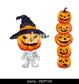 Composition aquarelle Halloween avec une citrouille zombie dans un chapeau de sorcière et une tour de citrouille empilée. Illustration effrayante peinte à la main sur fond blanc, parfaite pour le décor de fête et les cartes. Banque D'Images