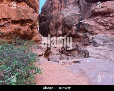Dans un canyon sur le Fiery Furnace Trail dans le parc national d'Arches, en regardant une formation d'arche et les parois du canyon, un jour d'été avec un ciel clair et bleu Banque D'Images