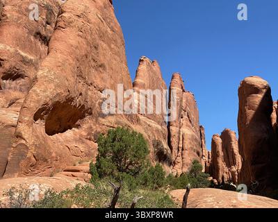 Dans un canyon sur le Fiery Furnace Trail dans le parc national d'Arches, observez les formations rocheuses de grès rouge, les ailerons et les parois du canyon lors d'une journée d'été Banque D'Images