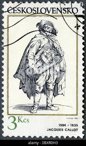 TCHÉCOSLOVAQUIE - VERS 1982 : un timbre imprimé en Tchécoslovaquie montre Hurdygurdy Player, par Jacques Callot (1594-1635), vers 1982 Banque D'Images