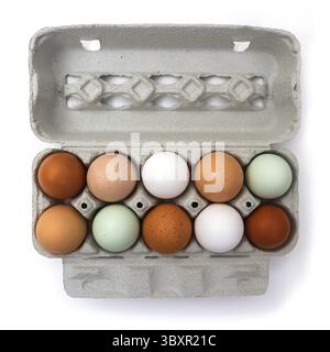Dix œufs de poule colorés dans une boîte en carton, isolés sur blanc Banque D'Images