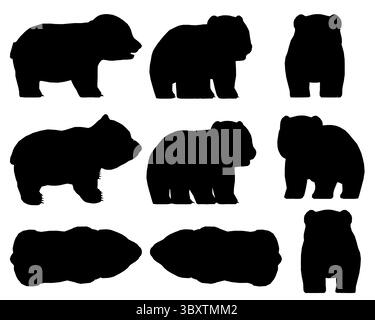 Un ensemble de silhouettes Panda noires et blanches. Les Panda sont tous de tailles différentes et sont disposés dans une rangée Illustration de Vecteur