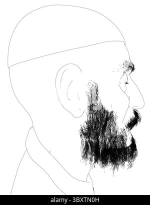 Un homme avec une barbe et un turban sur la tête. La barbe est très épaisse et le turban très petit. Vue latérale Illustration de Vecteur