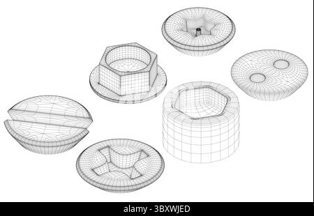 Un jeu de six têtes de vis différentes, y compris une étoile, est représenté dans un dessin noir et blanc. Vue isométrique. 3d Illustration de Vecteur