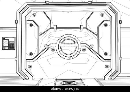 Laboratoire de science-fiction futuriste avec des surfaces métalliques élégantes, des panneaux, des machines avancées. Le design présente des contours géométriques, des interfaces numériques et un centime Illustration de Vecteur