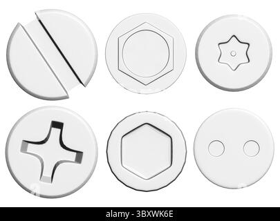 Une collection de six têtes de vis différentes, y compris une étoile, un hexagone et une croix Illustration de Vecteur