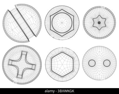 Un jeu de six têtes de vis différentes, y compris une étoile, est représenté dans un dessin noir et blanc Illustration de Vecteur
