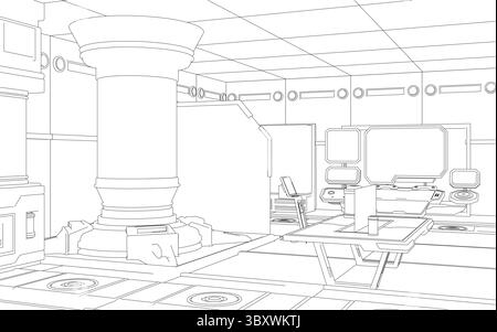 Laboratoire de science-fiction futuriste avec contours angulaires, surfaces métalliques et composants technologiques avancés. La conception mélange la structure industrielle avec des interfaces, Illustration de Vecteur