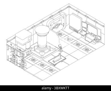 Assemblage mécanique complexe et futuriste avec des composants modulaires. Il comporte des pièces cylindriques et angulaires, des systèmes, des détails d'ingénierie précis, sugg Illustration de Vecteur
