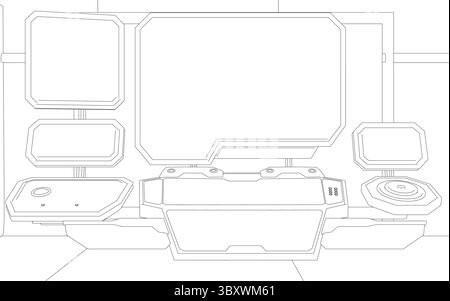 Dispositif de laboratoire modulaire futuriste avec conception géométrique, composants angulaires, capteurs circulaires et interfaces high-tech, mettant l'accent sur l'élégance, minimaliste a Illustration de Vecteur