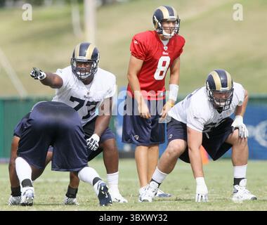 15 août 2011 - St Louis, MO, USA - composé Louis Rams Right Tackle Jason Smith, à gauche, fait un appel à la ligne de crimmage alors que lui et le garde droit Harvey Dahl, à droite, se préparent à bloquer pour le quarterback Sam Bradford, au centre, pendant le camp d'entraînement au Russell Training Center à Earth City, Missouri, lundi 15 août 2011. (Crédit image : © Chris Lee/St Louis Post-Dispatch via ZUMA Press Wire) Banque D'Images
