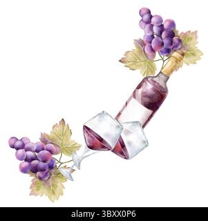 Composition de coin aquarelle avec bouteille de vin rouge, deux verres et grappes de raisin violettes. Clipart peint à la main sur fond blanc. Parfait pour le vin Banque D'Images