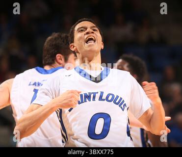 14 janvier 2015 - St Louis, MO, USA - Marcus Bartley de Saint Louis réagit après avoir frappé un tir de 3 points en première mi-temps contre Duquesne le mercredi 14 janvier 2015, à la Chaifetz Arena à mis Louis. L'hôte Billikens a gagné, 78-69. (Crédit image : © Chris Lee/St Louis Post-Dispatch via ZUMA Press Wire) Banque D'Images