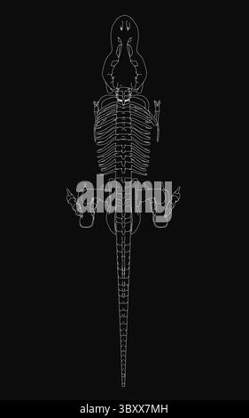 Un squelette de T-Rex féroce avec des dents tranchantes et des os puissants, tenant une épée en acier dans ses mâchoires, isolé en dessin de ligne blanc sur un fond noir. DETA Illustration de Vecteur