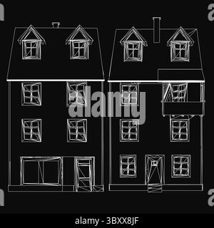 Une illustration détaillée de maison résidentielle sur un fond noir, avec des élévations avant et arrière avec des détails architecturaux clairs. Le nettoyage Illustration de Vecteur