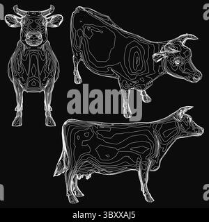 Trois vaches noires et blanches esquissées dans des détails complexes, chacune avec des formes et des textures uniques. L'arrière-plan noir intense contraste fortement avec le w Illustration de Vecteur