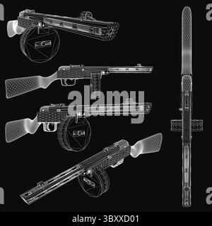 Un modèle 3D d'un pistolet, également connu sous le nom de Shpagin, rendu avec des détails réalistes. L'arrière-plan noir améliore la finition métallique de l'arme et l'aiguisé Illustration de Vecteur