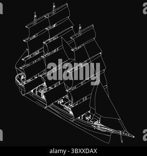Un plan de modèle 3D de grand voilier sur un fond noir, avec des voiles détaillées, des mâts robustes et une coque bien conçue. Parfait pour la voile et maritim Illustration de Vecteur